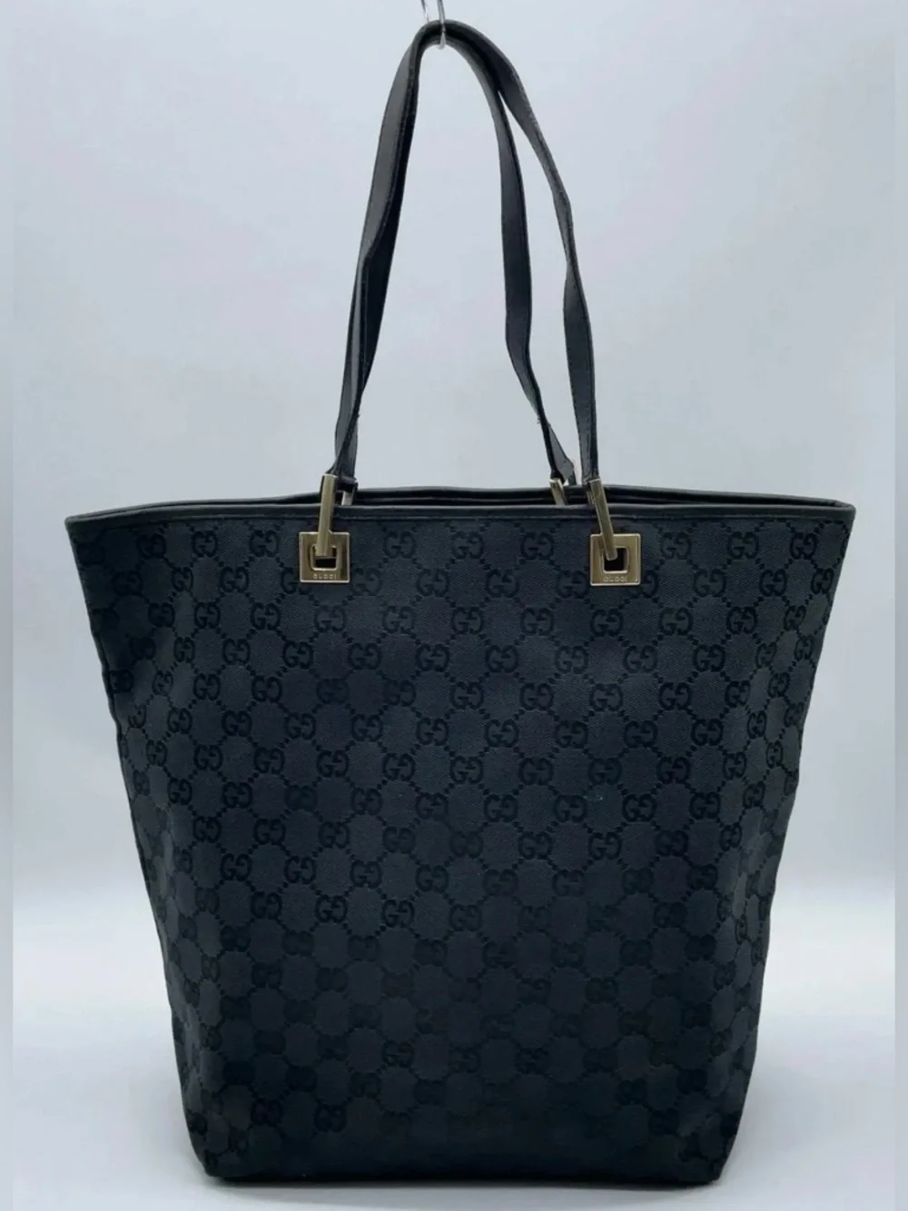Authentic Gucci GG Canvas Leather Black Bucket Tote Bag